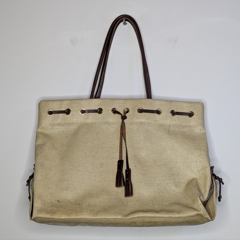 Dooney & Bourke Cream Brown Coated Canvas Leather Accent Large Tote Bag Purse